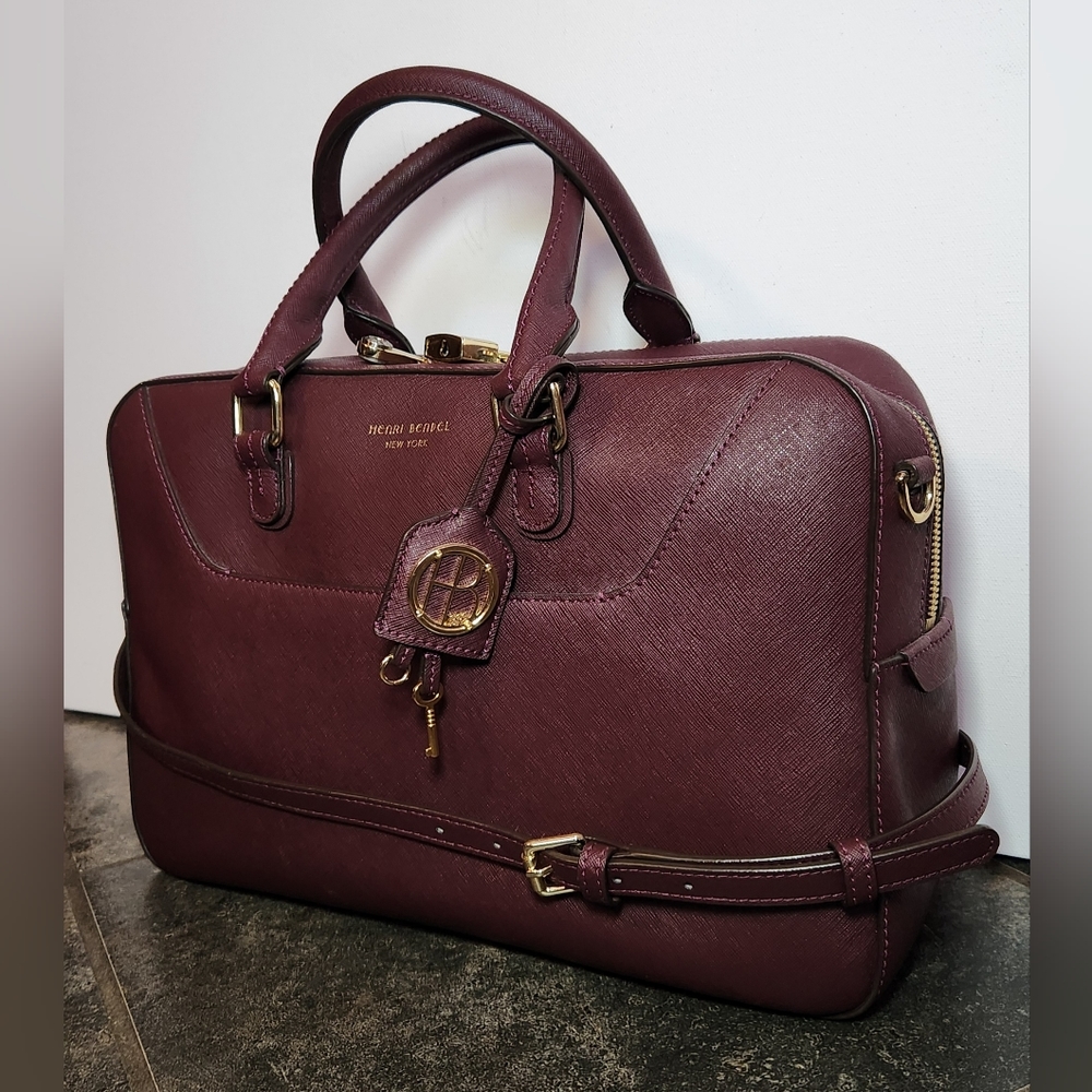 Henri bendel maroon burgundy satchel crossbody with gold lock and key